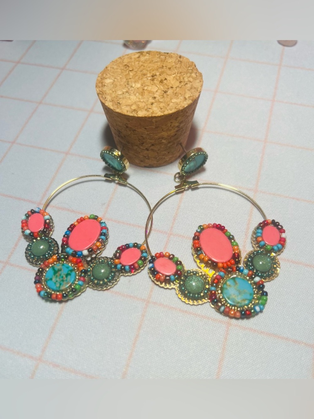 Gold Hoop Earrings with Pink and Turquoise Beaded Accents